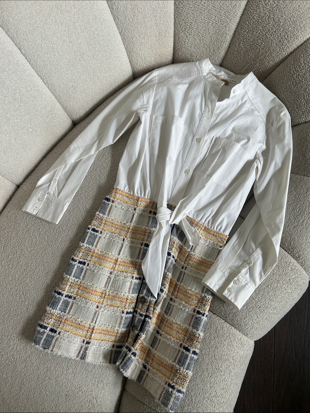 Veronica Beard White Tie-Front Shirt with Yellow & Navy Tweed Panel